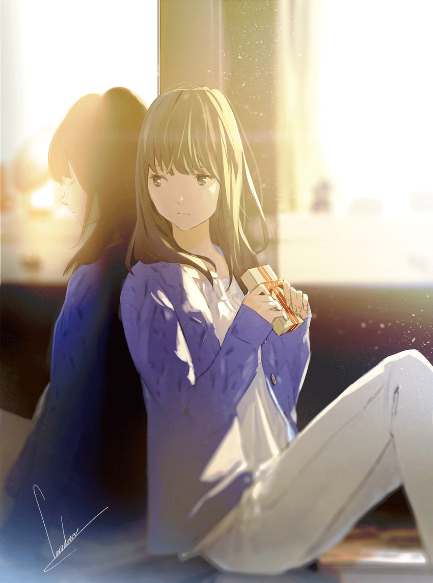 artist_name back-to-back backlighting blue_shirt blurry blurry_background box brown_hair chromatic_aberration closed_eyes commentary_request cover expressionless gift gift_box grey_eyes highres kikuchi_arisu light_particles long_hair long_sleeves loundraw multiple_girls open_clothes open_shirt pants shirt signature sitting sunlight tooi_kuni_no_alice white_pants white_shirt window