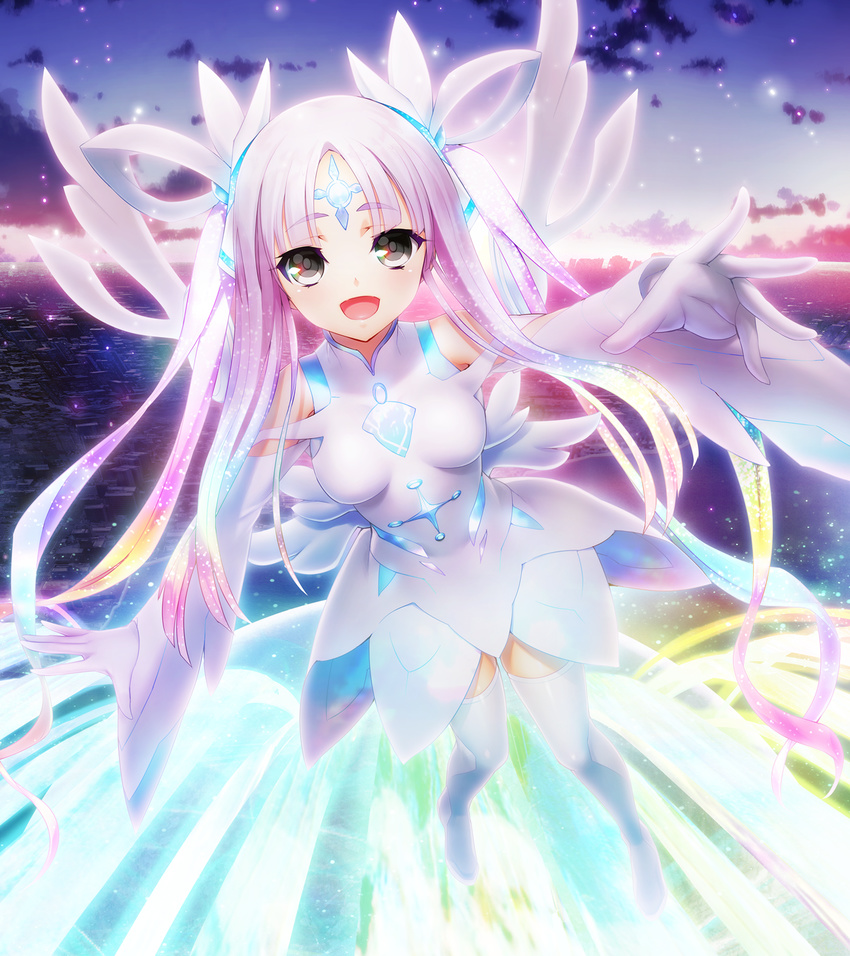 1girl black_eyes breasts city cloud clouds detached_sleeves facial_mark feet flying forehead_mark full_body game_cg gloves hair_ornament hair_ribbon happy highres legs long_hair looking_at_viewer nitroplus ocean oosaki_shin'ya oosaki_shin'ya open_mouth outdoors pink_hair ribbon shiny shiny_hair sky small_breasts smile solo substance-concept thigh_boots thighhighs thighs tokyo_necro water wide_sleeves wings
