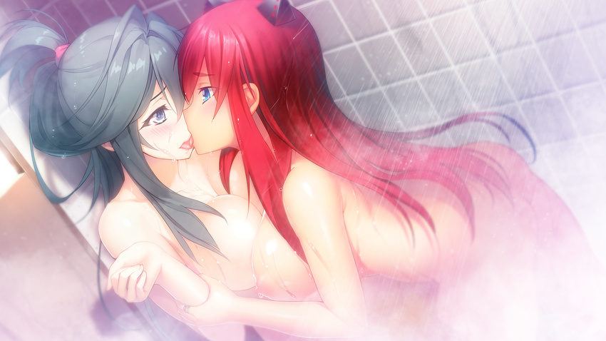 2girls against_wall areolae arm_grab ass bath bathroom blue_eyes blush breast_press breasts eye_contact game_cg grey_hair hair_up headgear highres huge_breasts indoors karasuzumi_ryouko kibanohara_ethica kiss legs long_hair looking_at_another mound_of_venus multiple_girls nipples nitroplus nude oosaki_shin'ya oosaki_shin'ya red_hair shower standing steam symmetrical_docking thighs tokyo_necro tongue water wet yuri