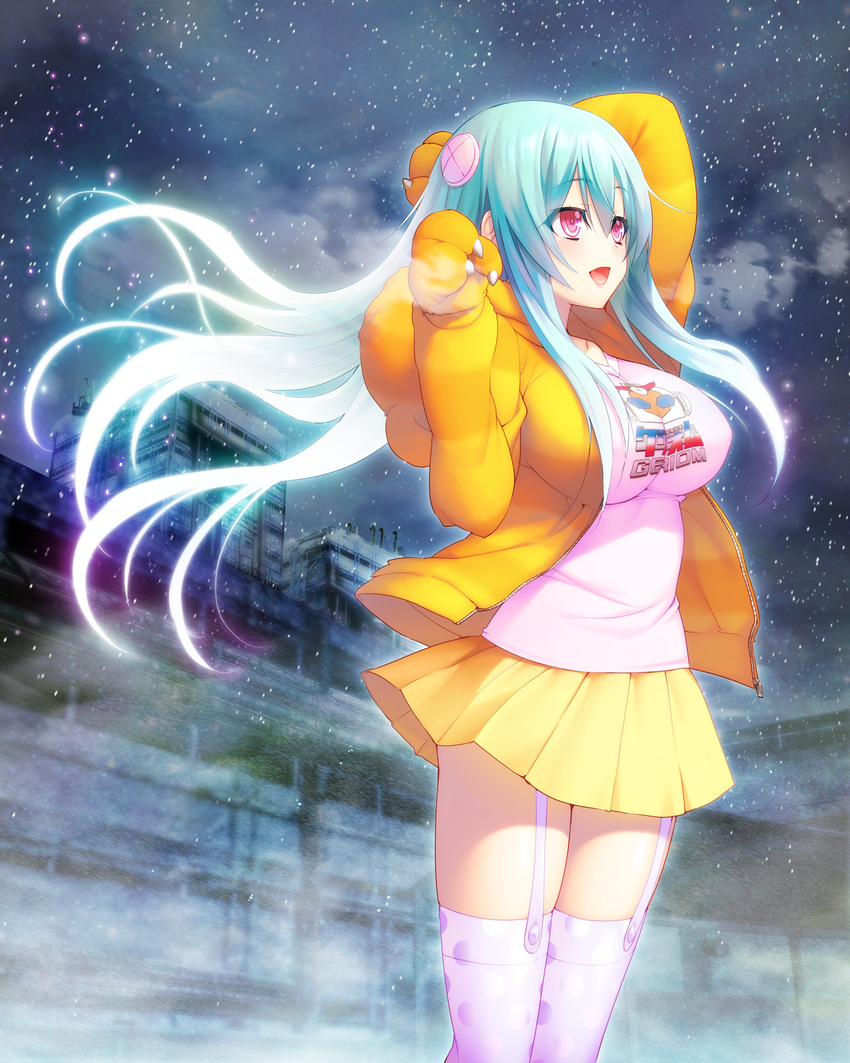 1girl aqua_hair bear_paws blue_hair blush breasts floating_hair game_cg garter_straps happy highres hood hoodie hougyou_ilia jacket large_breasts legs long_image looking_away night nitroplus oosaki_shin'ya oosaki_shin'ya open_clothes open_mouth outdoors paws pink_eyes skirt sky smile snow snowing solo standing stars thighhighs thighs tokyo_necro wind zipper