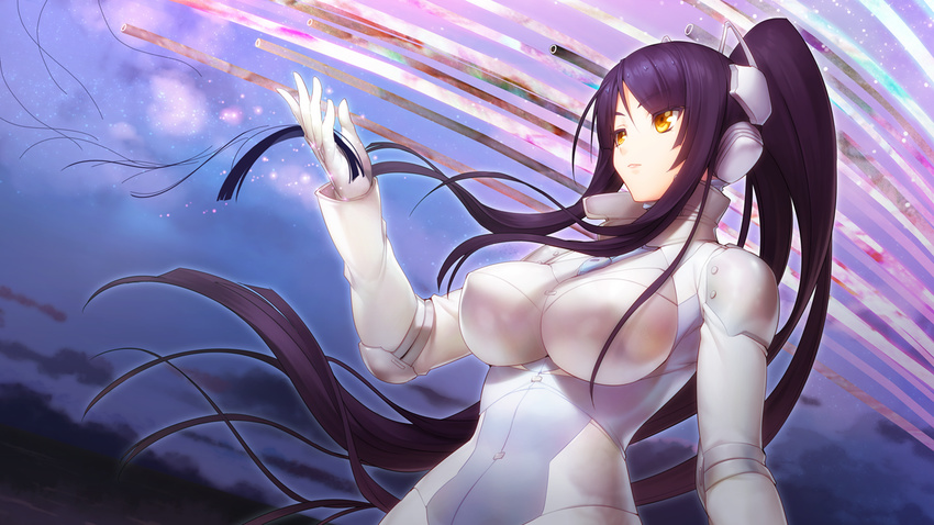 1girl bodysuit breasts floating_hair game_cg gijou_mitsumi gloves headgear highres impossible_clothes large_breasts long_hair long_sleeves looking_away nitroplus oosaki_shin'ya oosaki_shin'ya outdoors ponytail purple_hair serious shoulder_pads simple_background solo standing tokyo_necro upper_body wind yellow_eyes