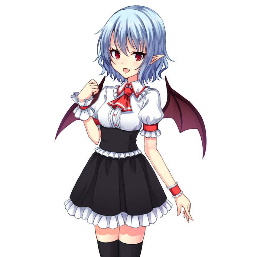 alternate_costume armband bat_wings black_legwear black_skirt blue_hair blush breasts corset fang frilled_shirt_collar frilled_skirt frills hand_up junior27016 miniskirt no_hat no_headwear open_mouth pointy_ears red_eyes remilia_scarlet shirt short_sleeves skirt small_breasts solo thighhighs touhou underbust white_shirt wings wrist_cuffs zettai_ryouiki