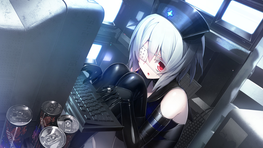 1girl bare_shoulders can collar computer con_su drink drooling elbow_gloves eyepatch game_cg gloves highres indoors keyboard latex legs looking_at_viewer monitor nitroplus nurse_cap oosaki_shin'ya oosaki_shin'ya parted_lips red_eyes ring saliva serious short_hair sitting solo thighhighs thighs tokyo_necro typing white_hair
