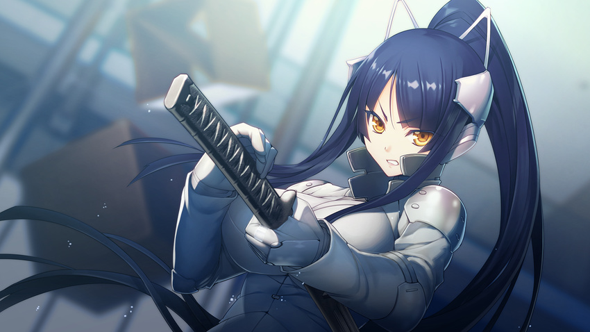 blue_hair bodysuit breasts fighting_stance floating_hair game_cg gijou_mitsumi gloves headgear highres holding holding_sword holding_weapon katana large_breasts long_hair looking_at_viewer nitroplus oosaki_shin'ya oosaki_shin'ya parted_lips ponytail raised_eyebrows serious shoulder_pads solo standing sword tokyo_necro upper_body weapon yellow_eyes