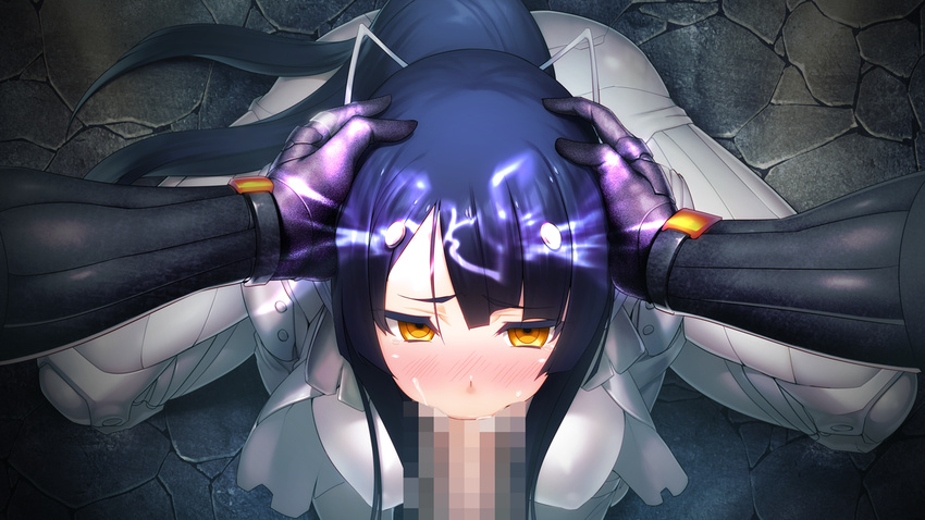 1boy 1girl blue_hair blush bodysuit breasts censored embarrassed fellatio full-face_blush game_cg gijou_mitsumi hand_on_another's_head hand_on_head headgear highres indoors large_breasts legs long_hair looking_at_viewer mosaic_censoring nitroplus oosaki_shin'ya oosaki_shin'ya oral penis ponytail puffy_nipples shoulder_pads solo_focus squatting tears thighs tokyo_necro yellow_eyes