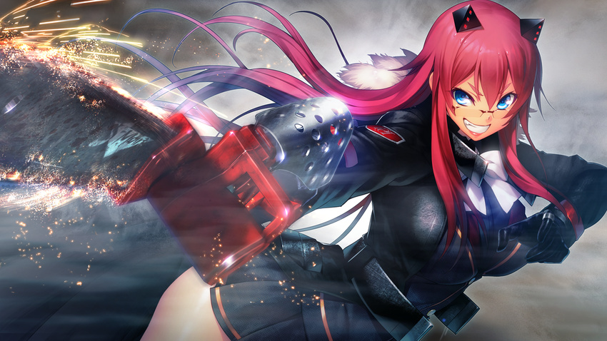 1girl belt blue_eyes bow breasts chainsaw clenched_teeth fighting_stance floating_hair fur_trim game_cg glasses gloves highres holding kibanohara_ethica large_breasts legs long_hair long_sleeves looking_at_viewer nitroplus oosaki_shin'ya oosaki_shin'ya outdoors red-framed_glasses red_hair semi-rimless_glasses simple_background skirt smile solo standing teeth thighs tokyo_necro
