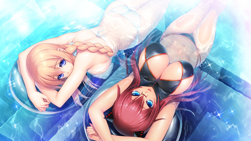 2girls armpits arms_up aso_kiriri ass back bare_arms bare_legs bare_shoulders bikini blonde_hair blue_eyes braid breasts butt_crack cleavage cleavage_cutout game_cg glasses headgear highres huge_breasts innertube kibanohara_ethica legs light_smile long_hair looking_at_viewer lying mound_of_venus multiple_girls navel nitroplus on_back on_stomach oosaki_shin'ya oosaki_shin'ya outdoors parted_lips partially_submerged pool red-framed_glasses red_hair semi-rimless_glasses single_braid smile swimsuit thighs thong tokyo_necro water wet