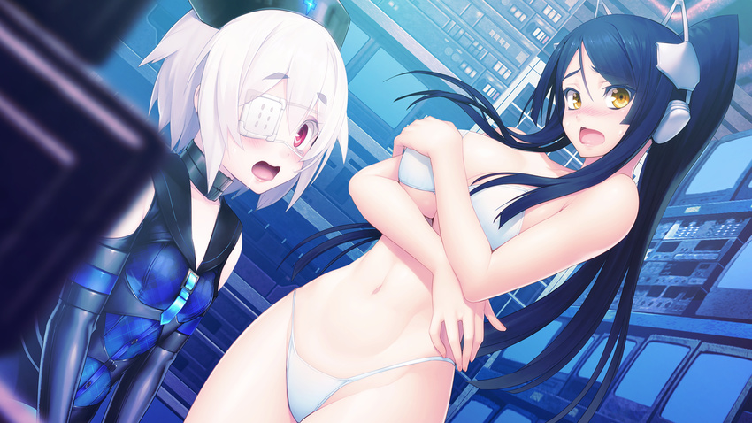 2girls bare_arms bare_legs bare_shoulders bikini blue_hair blush breasts collar con_su covering drooling dutch_angle elbow_gloves embarrassed eyepatch game_cg gijou_mitsumi gloves headgear highres indoors large_breasts legs long_hair looking_at_viewer monitor mound_of_venus multiple_girls navel nitroplus nurse_cap oosaki_shin'ya oosaki_shin'ya open_mouth ponytail saliva short_hair sitting small_breasts standing swimsuit thighs tokyo_necro white_bikini white_hair