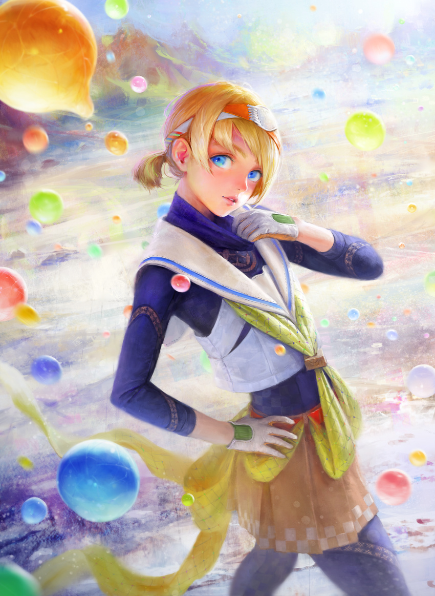 arata_yokoyama blonde_hair blue_eyes blue_scarf blurry blush bodysuit brown_skirt collar colorful cowboy_shot depth_of_field emblem gloves green_ribbon hairband hand_on_hip hand_on_own_chest head_tilt highres light_smile lips looking_at_viewer marble original parted_lips ribbon scarf short_hair short_ponytail skin_tight skirt solo standing white_gloves