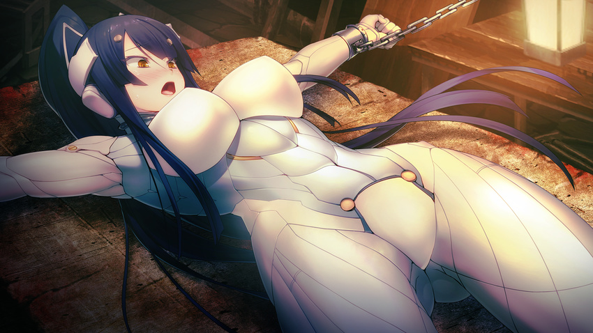 1girl blue_hair blush bodysuit breasts chains clenched_hands game_cg gijou_mitsumi headgear highres impossible_clothes indoors large_breasts legs long_hair looking_down lying nitroplus on_back oosaki_shin'ya oosaki_shin'ya open_mouth ponytail restrained shoulder_pads solo sweatdrop table thighs tokyo_necro yellow_eyes