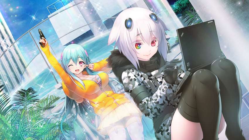 2girls aqua_hair breasts cleavage computer con_su dutch_angle floating_hair fur_trim game_cg gloves gun happy headgear highres holding holding_weapon hood hoodie hougyou_ilia large_breasts legs long_hair long_sleeves looking_at_viewer looking_down multicolored_eyes multiple_girls nitroplus oosaki_shin'ya oosaki_shin'ya open_mouth pink_eyes plant short_hair skirt smile squatting standing thighhighs thighs tokyo_necro typing water weapon white_hair wink zipper