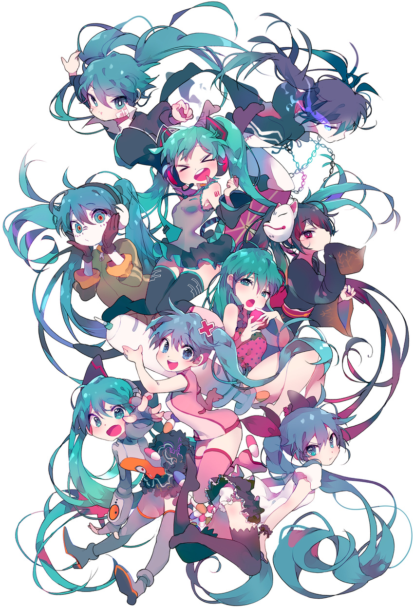 &gt;_&lt; :d :o :t apple aqua_eyes aqua_hair aqua_neckwear arched_back arm_up bandaid black_footwear black_hair black_legwear black_rock_shooter black_rock_shooter_(character) blood bloomers blue_eyes blue_hair blush boots burning_eye camisole carrying_over_shoulder chain clenched_hand closed_eyes closed_mouth cross_hair_ornament crossover detached_sleeves dress facial_mark fingerless_gloves floating_hair food fox_mask frills fruit gloves glowing glowing_eye hair_down hair_ornament hair_ribbon hands_on_own_cheeks hands_on_own_face hat hatsune_miku headphones headset high_heels highres holding holding_food holding_fruit hood hood_down hooded_jacket inhye injury jacket japanese_clothes kimono knees_together_feet_apart koiiro_byoutou_(vocaloid) layered_skirt long_hair long_sleeves looking_at_viewer mask matryoshka_(vocaloid) miniskirt multicolored multicolored_eyes multiple_girls multiple_persona musunde_hiraite_rasetsu_to_mukuro_(vocaloid) necktie no_shoes nurse nurse_cap obi odds_&amp;_ends_(vocaloid) open_mouth oriental_umbrella outstretched_arm outstretched_arms oversized_object pill pink_footwear pink_legwear polka_dot pout puffy_short_sleeves puffy_sleeves reaching red_eyes ribbon rolling_girl_(vocaloid) romeo_to_cinderella_(vocaloid) sash scar school_uniform short_dress short_sleeves simple_background skirt skirt_lift sleeveless sleeves_past_wrists sleeves_rolled_up smile songover spread_arms syringe thigh_boots thighhighs track_jacket twintails umbrella underwear vocaloid white_background world_is_mine_(vocaloid) wrist_cuffs yukata