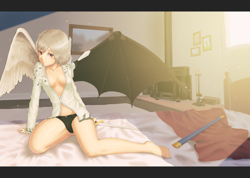 angel_wings asymmetrical_wings barefoot bed bed_sheet black_panties breasts commentary_request feathered_wings fireplace holding holding_sword holding_weapon kishin_sagume legs letterboxed light light_particles long_sleeves looking_at_viewer no_bra nuwara_eliya panties photo_(object) prosthetic_wing red_eyes scabbard sheath shirt short_hair silver_hair small_breasts smile solo sword thighs toes touhou underwear weapon wings