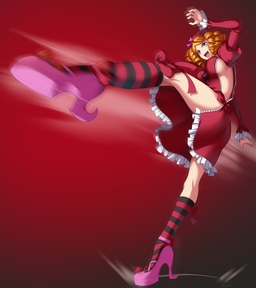 :d absurdres artist_request ass blonde_hair blue_eyes breasts dress drill_hair full_body gaap high_heels highres juliet_sleeves kicking kneehighs large_breasts leg_up long_sleeves motion_blur no_bra no_panties official_art open_mouth puffy_sleeves red_background red_dress roundhouse_kick side_slit sideboob simple_background smile solo standing standing_on_one_leg striped striped_legwear teeth thighs tongue umineko_no_naku_koro_ni v-shaped_eyebrows