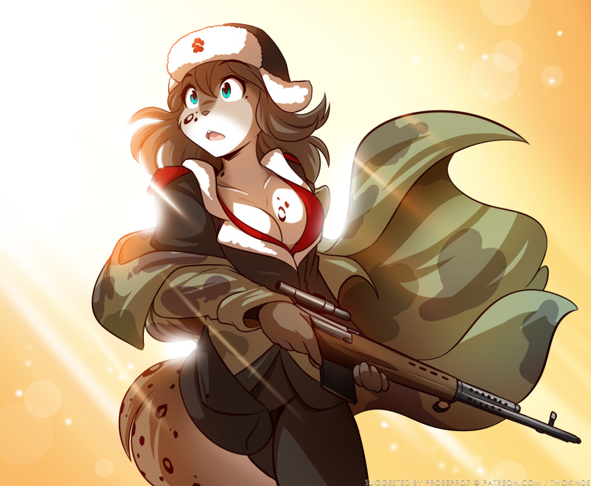 2018 5_fingers anthro breasts clothed clothing digital_media_(artwork) feline female gun holding_object holding_weapon kathrin_(twokinds) mammal ranged_weapon simple_background solo standing tom_fischbach twokinds weapon