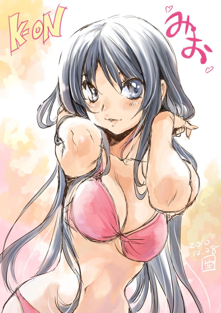 2010 akiyama_mio bikini black_hair breasts cleavage commentary_request contrapposto dated grey_eyes highres inoue_sora k-on! long_hair looking_at_viewer medium_breasts navel red_bikini slender_waist solo standing swimsuit textless upper_body