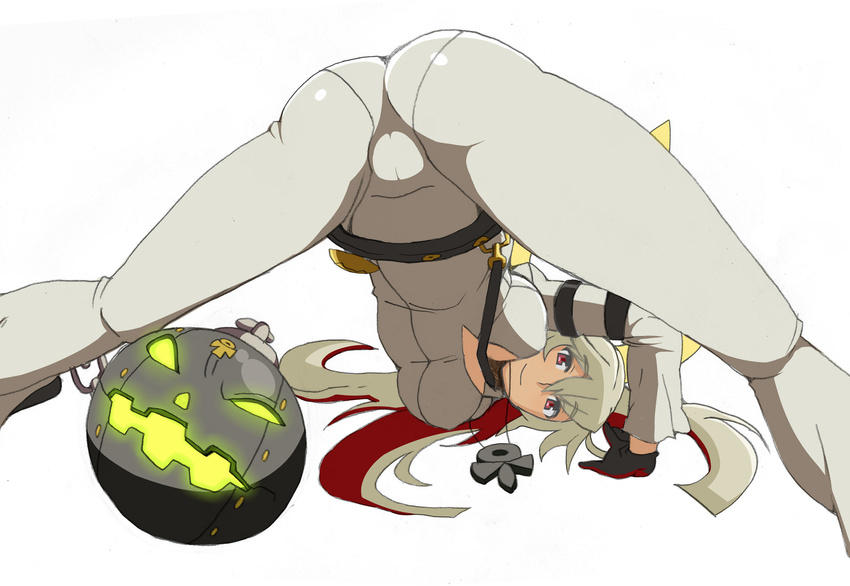 1girl ahoge ankh arc_system_works artist_request ass ball_and_chain belt bodysuit breasts cameltoe cross cross_necklace from_behind gloves guilty_gear guilty_gear_xrd guilty_gear_xrd:_revelator halo jack-o_(guilty_gear) long_hair looking_at_viewer multicolored_hair pantylines platinum_blonde red_eyes red_hair shiny shiny_clothes skin_tight smile solo top-down_bottom-up upside-down