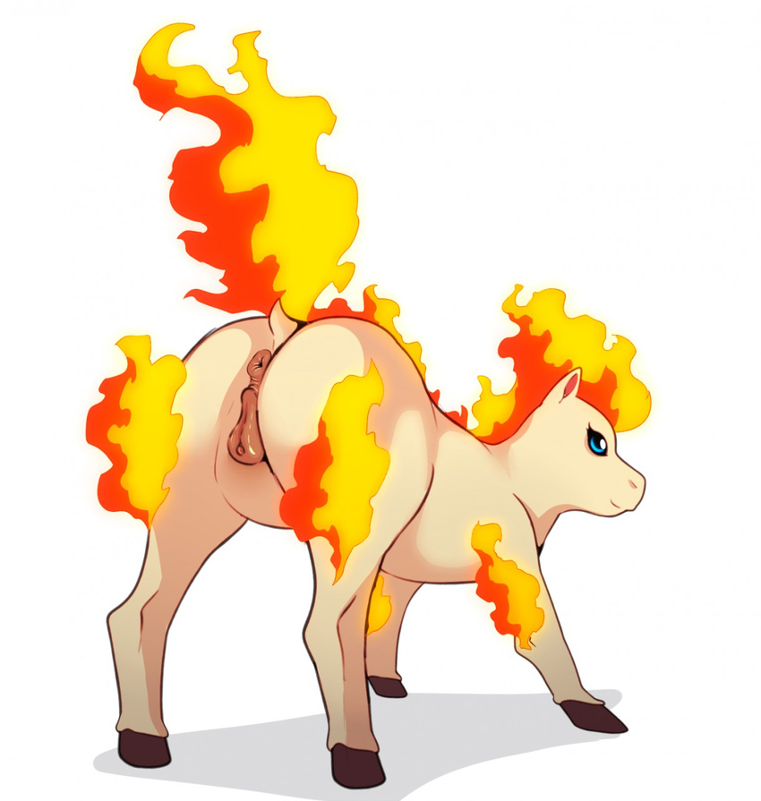 2016 animal_genitalia animal_pussy anus bent_over blue_eyes burning butt cream_fur equine equine_pussy eroborus female feral fire fire_fur flaming_hair fur hair hi_res hooves horse inviting looking_at_viewer mammal nintendo nude pok&eacute;mon pony ponyta puffy_anus pussy simple_background smile solo video_games white_background