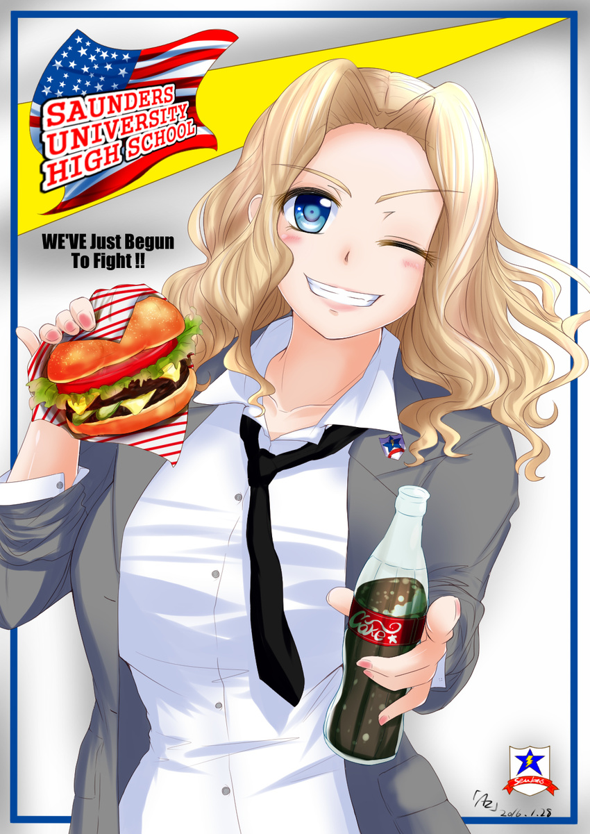 2016 ;d america american_flag blonde_hair blue_eyes blush breasts coca-cola commentary_request dated english food girls_und_panzer glass_bottle hamburger highres ibara_azuki kay_(girls_und_panzer) large_breasts lettuce nail_polish necktie one_eye_closed open_mouth pickle saunders_school_uniform smile solo teeth tomato