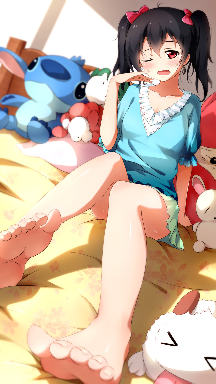 bare_legs barefoot black_hair bow cameo character_doll feet hair_bow highres lilo_&amp;_stitch long_legs looking_at_viewer love_live! love_live!_school_idol_project red_eyes stitch_(lilo_&amp;_stitch) toenails twintails xiao_ren yawning yazawa_nico