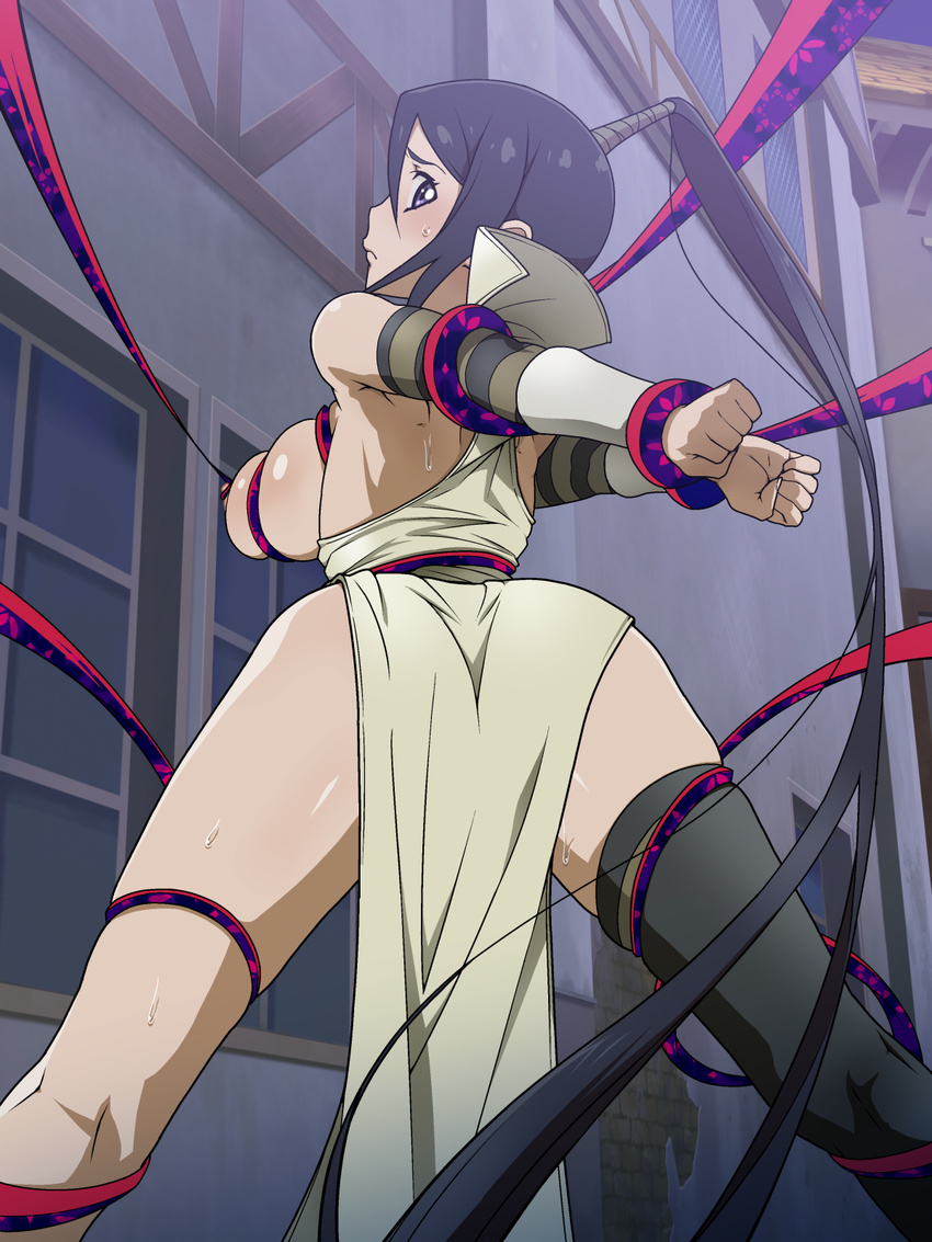 1girl areolae ass bare_shoulders black_eyes black_hair blush breast_grab breasts breasts_outside clenched_hands from_behind grabbing highres ice_place imminent_rape large_breasts legs long_hair looking_back monster nakatsukasa_tsubaki nipple_tweak nipples ponytail restrained solo_focus soul_eater standing striped sweat tentacle thighs tied_up