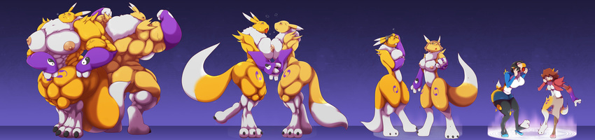 big_breasts breast_squish breasts breasts_frottage clothing digimon female female/female growth human mammal muscular nipples nken renamon thick_thighs torn_clothing transformation