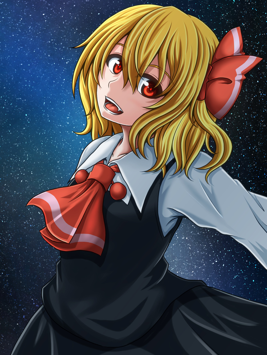 :d blonde_hair hair_ribbon highres md5_mismatch open_mouth outstretched_arms red_eyes ribbon rumia shirt short_hair skirt sky smile solo spread_arms star_(sky) starry_sky suikyou_(aqua_cities) touhou vest