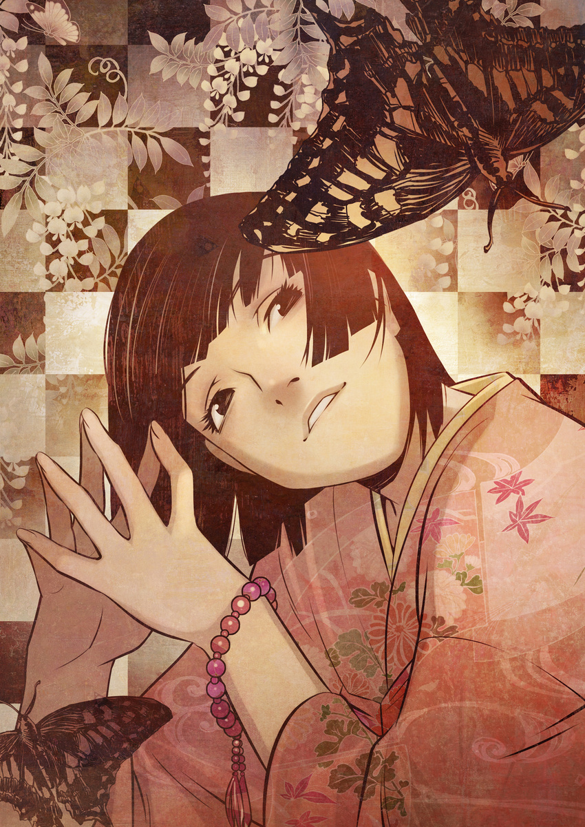 bad_id bad_pixiv_id bangs black_hair blunt_bangs bracelet bug butterfly checkered hands highres insect japanese_clothes jewelry kimono long_hair original solo xr650r