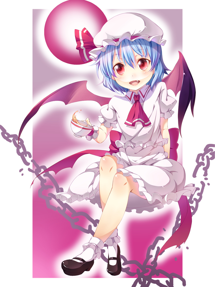 ascot bat_wings blue_hair blush chain child cup demon_girl dress fang flat_chest frills full_body full_moon hat highres ichi_makoto legs mary_janes moon red_eyes remilia_scarlet shoes short_hair sitting smile socks solo spill tea teacup touhou wings wrist_cuffs