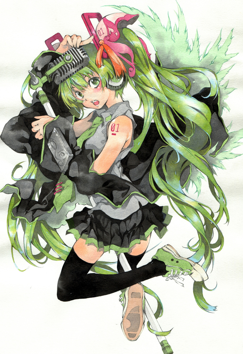 absurdres detached_sleeves green_eyes green_hair hair_ribbon hatsune_miku headphones highres issun_boushi_(ilmtkimoti) legs long_hair microphone microphone_stand necktie ribbon shoes skirt smile sneakers solo thighhighs traditional_media twintails very_long_hair vocaloid wings zettai_ryouiki