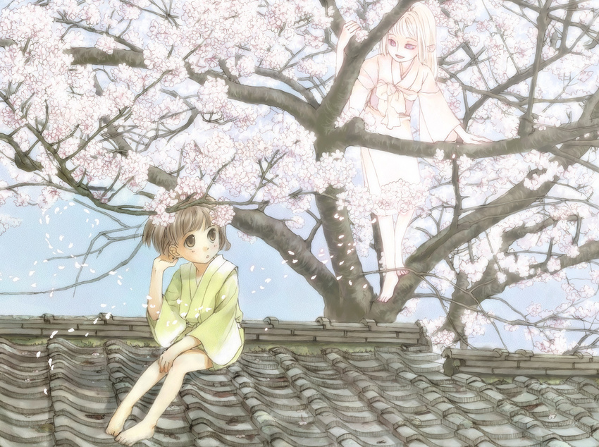 barefoot brown_hair cherry_blossoms child copyright_request feet flower highres irie_io japanese_clothes kimono long_hair multiple_girls petals rooftop sash short_hair tree white_hair