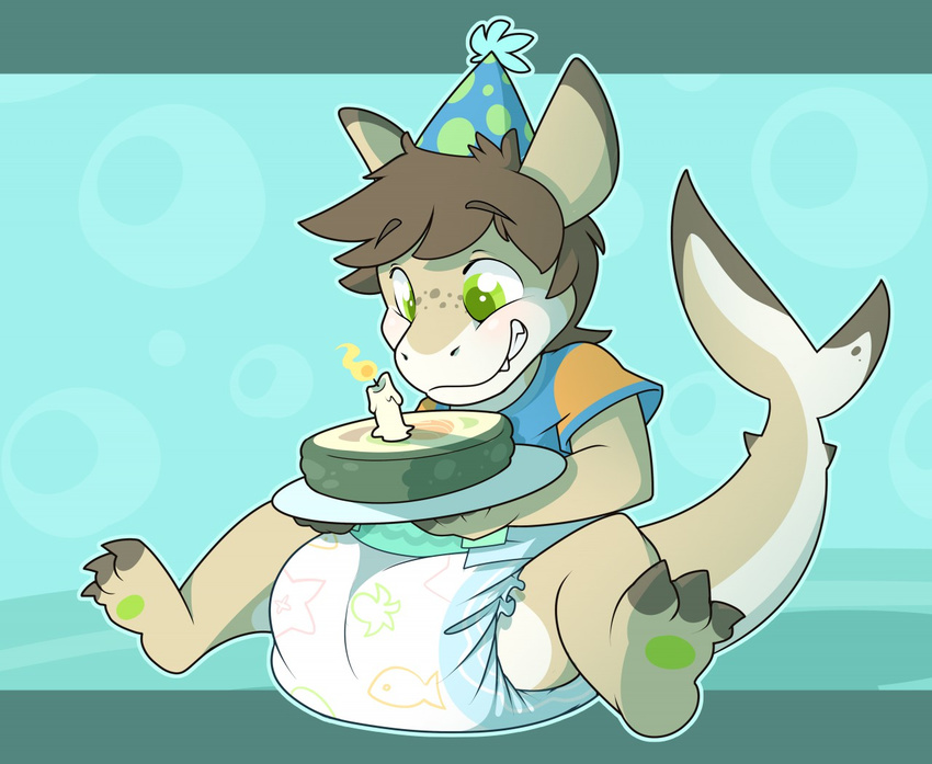 birthday_hat brown_hair cake candle claws clothing cuddlehooves diaper fish food green_eyes hair male marine plate shark shirt simple_background sitting smile solo teeth
