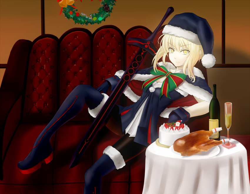 alcohol artoria_pendragon_(all) bad_id bad_pixiv_id black_footwear black_legwear blonde_hair boots breasts cake cape champagne champagne_flute chicken_(food) christmas cleavage cup dark_excalibur drinking_glass fate/grand_order fate_(series) food fur-trimmed_boots fur-trimmed_cape fur-trimmed_legwear fur_boots fur_trim hat looking_at_viewer pantyhose ribbon santa_alter santa_hat small_breasts smile solo suiete thigh_boots thighhighs wreath yellow_eyes