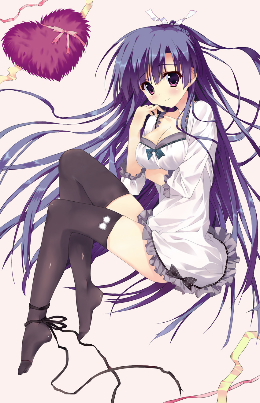 absurdres blue_hair breasts cleavage collarbone hair_ribbon highres hoshizora_e_kakaru_hashi koumoto_madoka large_breasts long_hair lying purple_eyes ribbon sogegin solo thighhighs