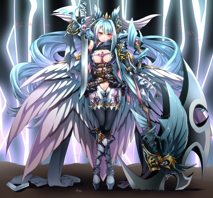 aburai_yui axe bangs battle_axe belt blue_hair bodysuit boots breasts chain cleavage colorized crossed_legs crown expressionless eyebrows eyebrows_visible_through_hair frilled_skirt frilled_sleeves frills full-length_zipper garter_straps gloves gradient_hair hair_intakes head_tilt head_wings knee_boots large_breasts long_hair long_sleeves multicolored_hair multiple_belts multiple_wings original platform_footwear pleated_skirt red_eyes revealing_clothes scarf signature skirt solo stomach swept_bangs sword takatsuki_ichi text_focus thigh_gap thighhighs translated weapon wings zipper
