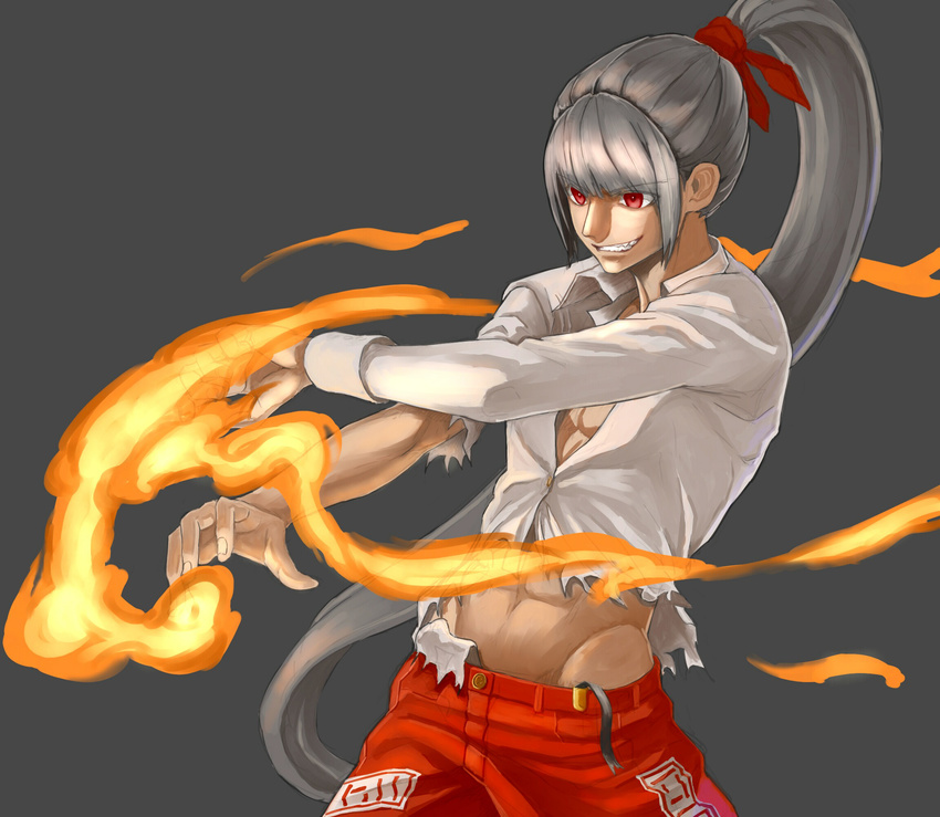 abs absurdly_long_hair bangs fire fujiwara_no_mokou genderswap genderswap_(ftm) grey_background grin high_ponytail highres long_hair male_focus ponytail red_eyes shirt silver_hair simple_background smile smirk solo torn_clothes torn_sleeve touhou very_long_hair white_shirt yostel