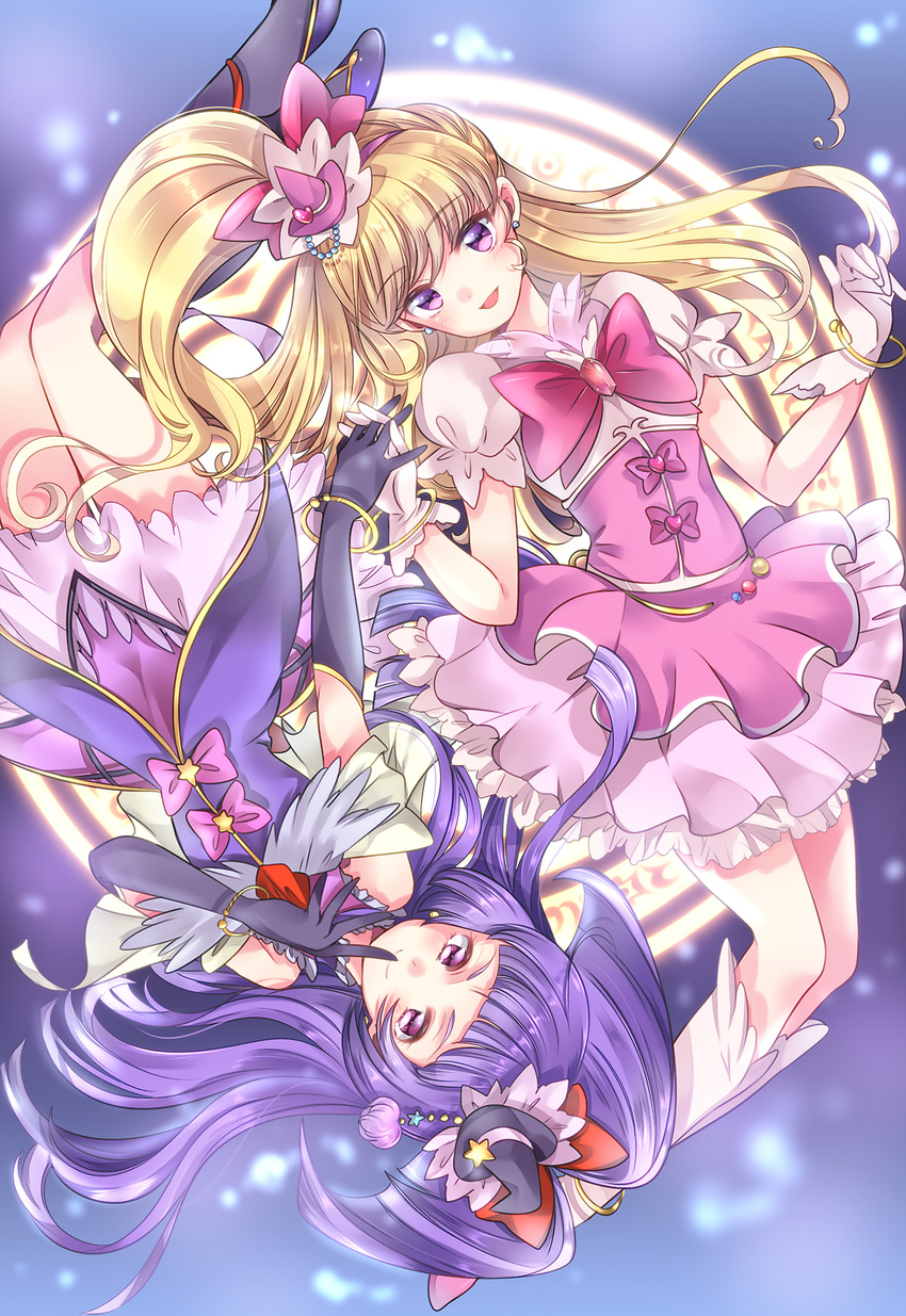 asahina_mirai black_gloves blonde_hair bracelet cure_magical cure_miracle elbow_gloves gloves hat heart highres interlocked_fingers izayoi_liko jewelry long_hair looking_at_viewer magical_girl mahou_girls_precure! mihara_youzora multiple_girls precure purple_eyes purple_hair side_ponytail smile star upside-down white_gloves witch_hat