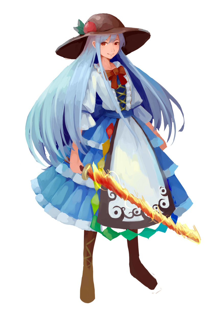 blue_hair boots dress faux_traditional_media food fruit full_body hat highres hinanawi_tenshi knee_boots layered_dress leaf long_hair looking_at_viewer peach red_eyes ribbon short_sleeves simple_background smile solo sword_of_hisou touhou very_long_hair white_background yuren