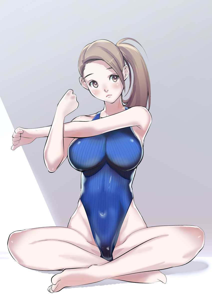 absurdres breasts brown_eyes brown_hair competition_swimsuit covered_navel dytm full_body highleg highleg_swimsuit highres indian_style large_breasts long_hair one-piece_swimsuit original plantar_flexion pool_monitor_part-timer_(dytm) side_ponytail sitting solo stretch swimsuit