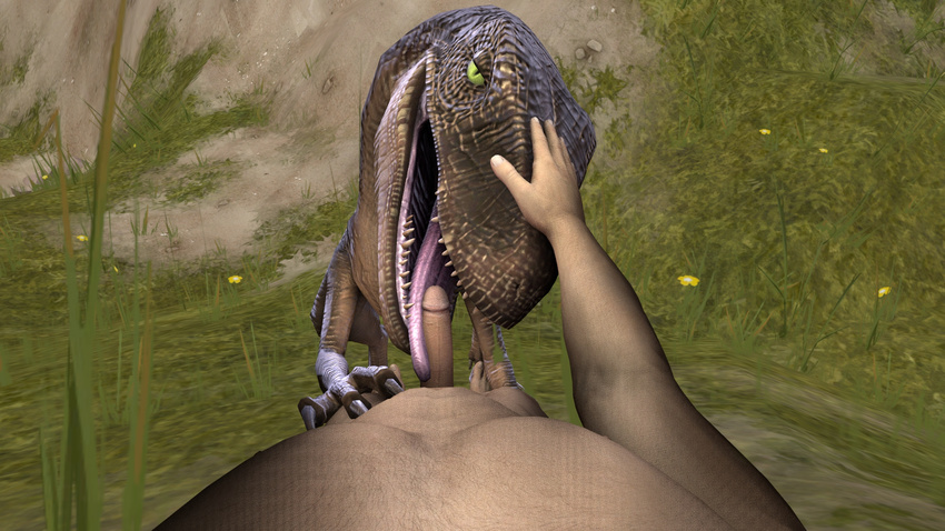 bestiality cgi digital_media_(artwork) dinosaur dromaeosaurid feral hand_on_head human human_on_feral interspecies licking mammal oral penis penis_lick raptor sex source_filmmaker sumeriandragon theropod tongue tongue_out