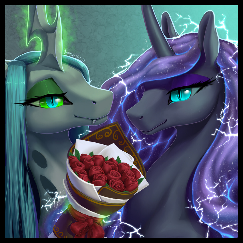 2016 abstract_background begasuslu blue_hair bouquet changeling duo electricity equine fangs female feral flower friendship_is_magic fur green_eyes green_hair hair holidays horn magic mammal my_little_pony nightmare_moon_(mlp) plant princess_luna_(mlp) queen_chrysalis_(mlp) rose royalty slit_pupils smile valentine's_day winged_unicorn wings