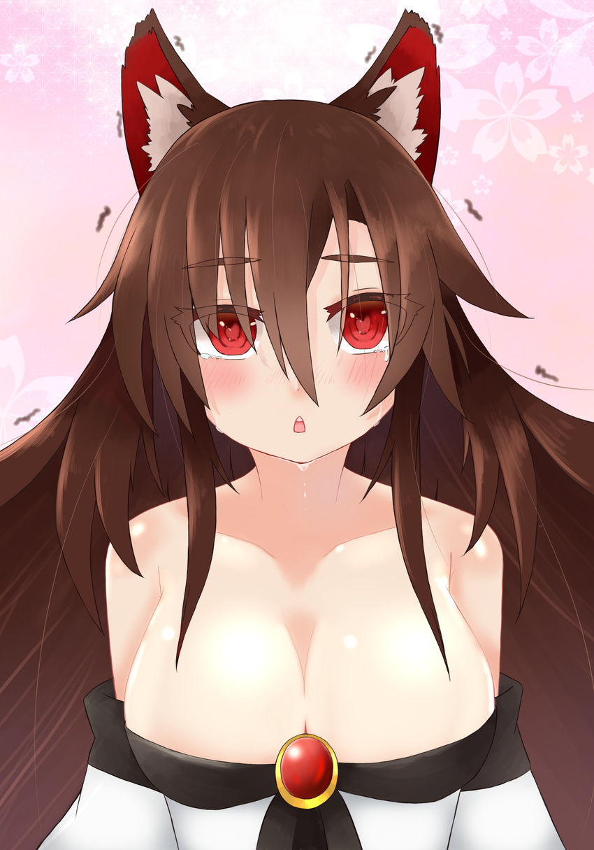 animal_ears blush breasts brooch brown_hair cleavage collarbone crying dress eyes_visible_through_hair hair_over_one_eye highres imaizumi_kagerou jewelry large_breasts looking_at_viewer off-shoulder_shirt off_shoulder open_mouth red_eyes shirosama_(olheat) shirt solo tail tears touhou trembling wide_sleeves wolf_ears wolf_tail