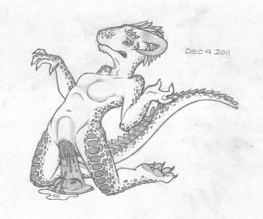 2011 anthro argonian barefoot breasts clenched_teeth dildo dildo_sitting equine_dildo featureless_breasts female front_view greyscale horn impossible_fit kneeling leaning leaning_back mizzyam monochrome navel nude pain pencil_(artwork) penetration pussy_juice scalie sex_toy solo teeth the_elder_scrolls traditional_media_(artwork) vaginal vaginal_penetration video_games