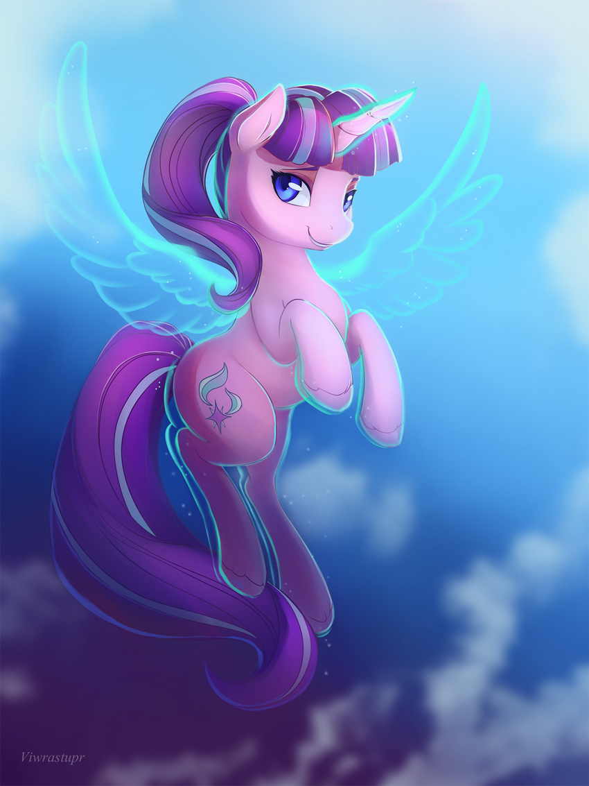 2016 blue_eyes cloud cutie_mark equine fake_wings female feral flying friendship_is_magic fur hair hi_res horn looking_at_viewer magic mammal multicolored_hair my_little_pony outside pink_fur sky smile solo starlight_glimmer_(mlp) two_tone_hair unicorn viwrastupr