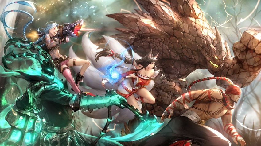 3boys abs ahri animal_ears bare_shoulders beard belt black_hair blindfold blue_hair boots braid breasts bullet cleavage commentary detached_sleeves energy_ball eyeliner facial_hair facial_mark fingernails fox_ears fox_tail gauntlets gloves halter_top halterneck hanbok highres jinx_(league_of_legends) komecchi korean_clothes kusarigama lantern league_of_legends lee_sin long_hair long_sleeves makeup malphite medium_breasts multiple_belts multiple_boys multiple_girls multiple_tails open_mouth pants pink_eyes ponytail profile rocket_launcher running sharp_fingernails short_shorts shorts sickle single_thighhigh skull smile stomach tail tattoo thigh_strap thighhighs thighs thresh topknot twin_braids twintails weapon yellow_eyes