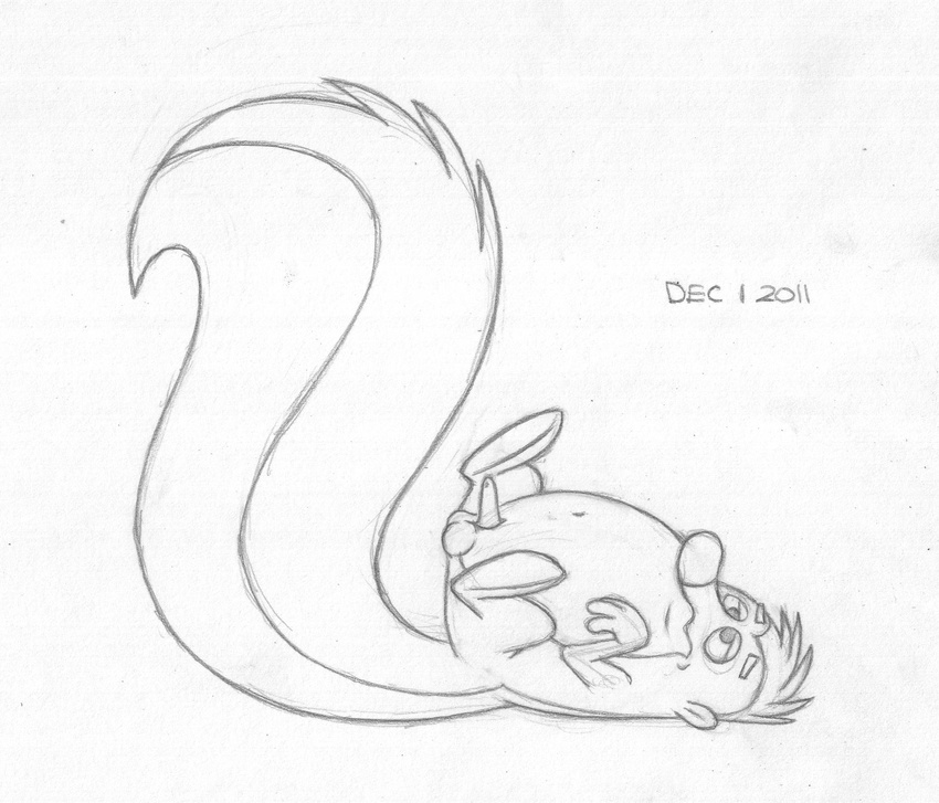 2011 balls barefoot erection fluffy_tail greyscale hi_res long_tail lying male mammal mizzyam monochrome neutral_expression nude on_back pencil_(artwork) penis semi-anthro side_view simple_background solo tapering_penis traditional_media_(artwork) unknown_character unknown_species white_background