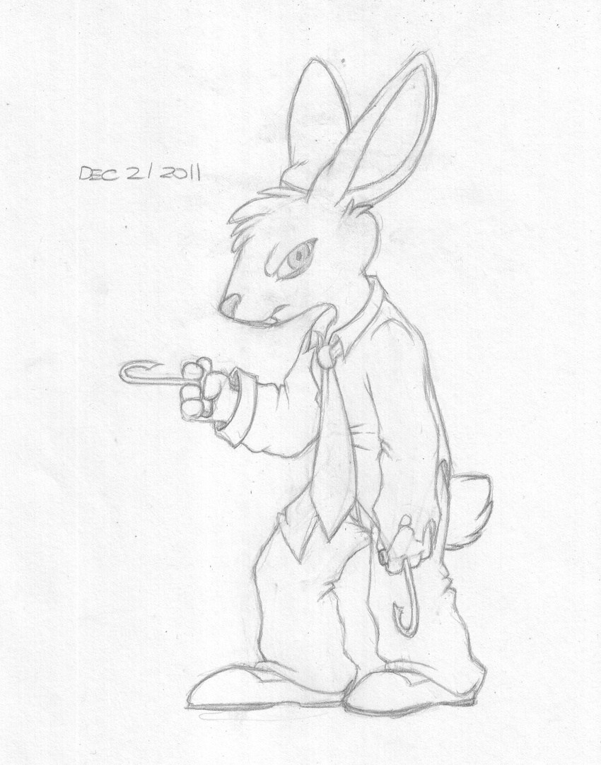 2011 angry anthro buckteeth clothing dual_wielding greyscale holding_object holding_weapon lagomorph looking_at_viewer male mammal maxy meat_hook mizzyam monochrome necktie pants pencil_(artwork) rabbit shirt solo standing teeth torn_clothing traditional_media_(artwork) weapon