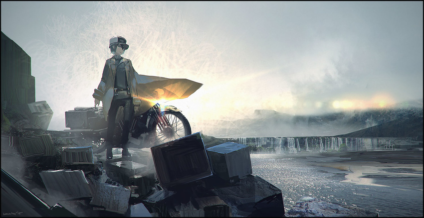 androgynous arms_at_sides artist_name bad_id bad_pixiv_id black_border black_eyes black_hair border brough_superior cloud coat cube grey_sky ground_vehicle hair_between_eyes hat kino kino_no_tabi lens_flare long_sleeves looking_at_viewer motor_vehicle motorcycle mountain outdoors pants reverse_trap river rounin_(amuza) scenery short_hair signature sky sleeves_rolled_up solo standing sun sunrise television trash water waterfall wind