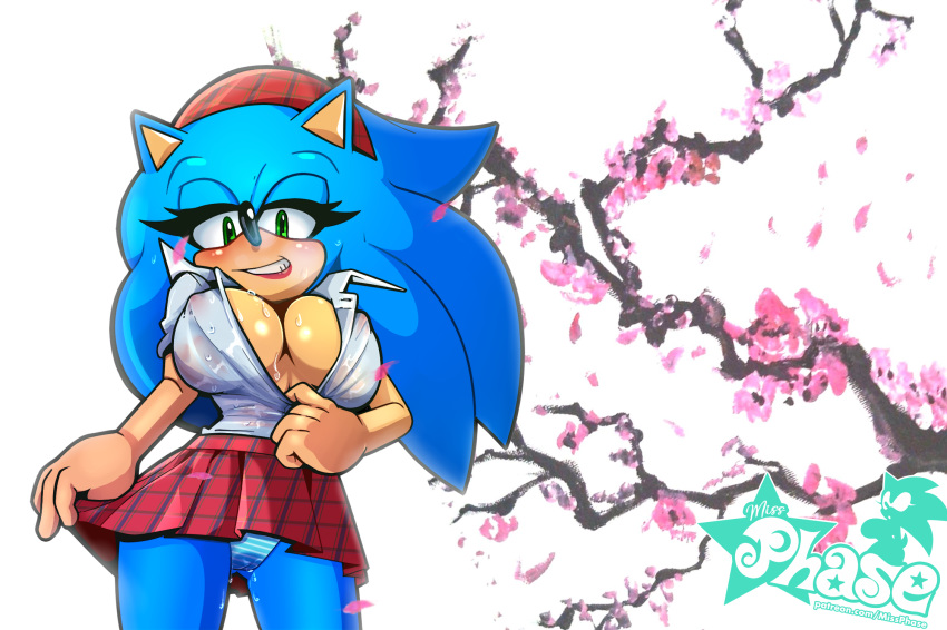 2018 anthro big_breasts black_nose blue_hair blush breasts cleavage clothed clothing crossgender cuisine female green_eyes hair hairband half-closed_eyes hedgehog hi_res lipstick long_hair looking_at_viewer makeup mammal miniskirt missphase nipple_bulge panties plaid pussy_juice shirt shirt_pull skirt smile solo sonic_(series) sonic_the_hedgehog standing sweat underwear wet_spot