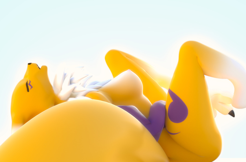 2016 3d_(artwork) anthro black_nose blender breasts canine cgi chest_tuft digimon digital_media_(artwork) ectasy26 eyes_closed female fox fur lying mammal masturbation nipples nude on_back open_mouth renamon solo spread_legs spreading tuft white_fur yellow_fur